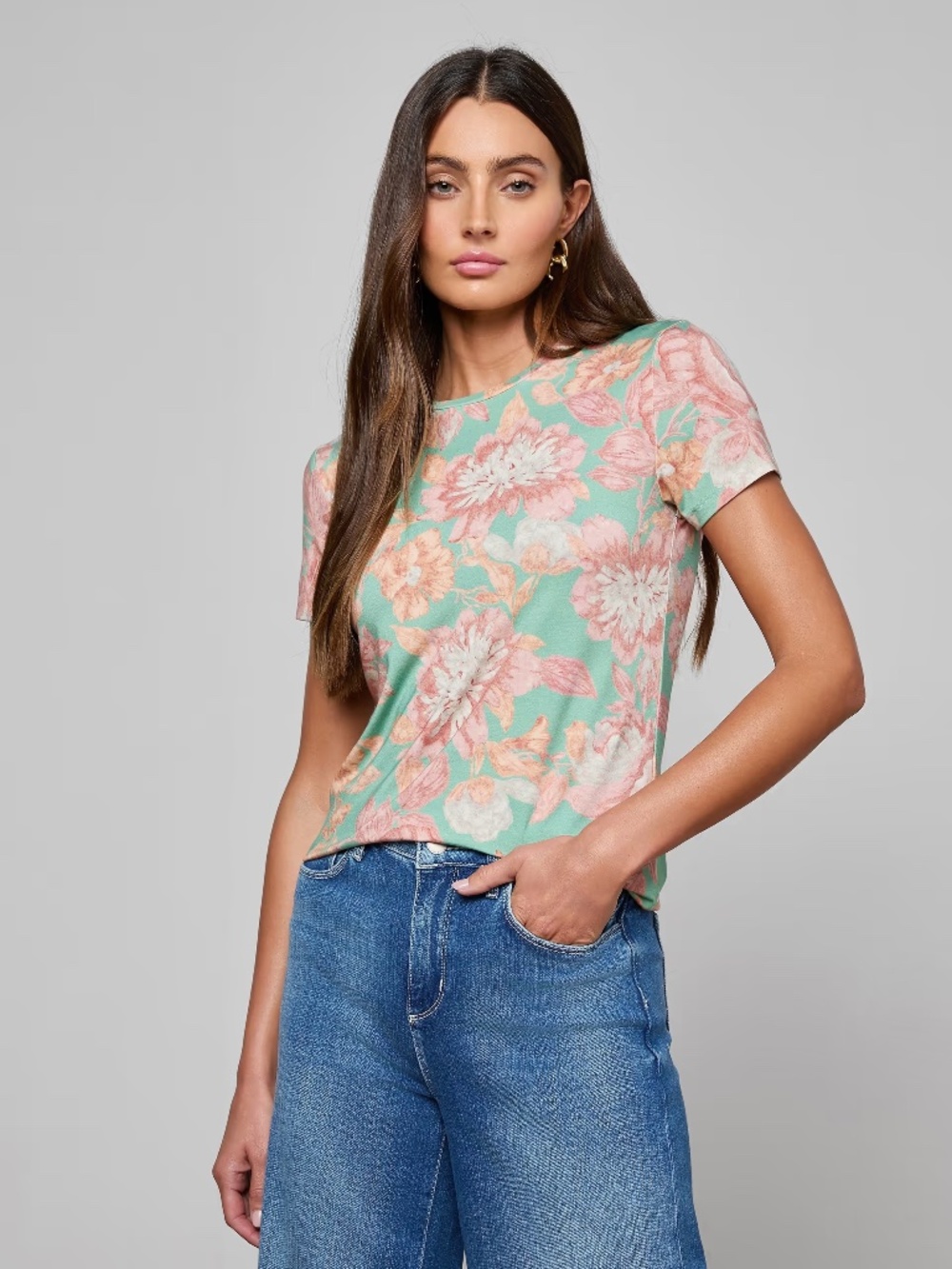 NEW! L'Agence Ressi Tee Short Sleeve Multi Soft Pastel Vintage Floral Size Small